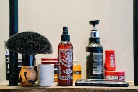 A detailed view of barber tools and grooming products on a salon table.
